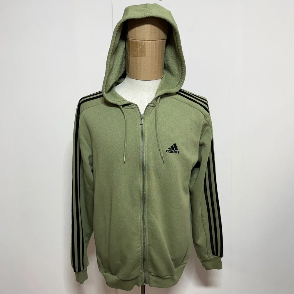 Adidas Hoodie Mens Medium Green Essentials Fleece 3 Stripe Full Zip Sweatshirt